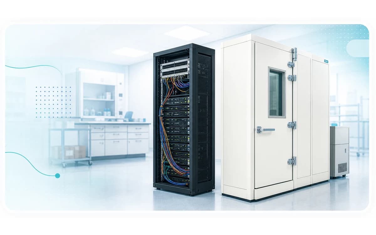 Soft illustration of a standalone 19-inch server rack beside a separate laboratory environmental chamber.