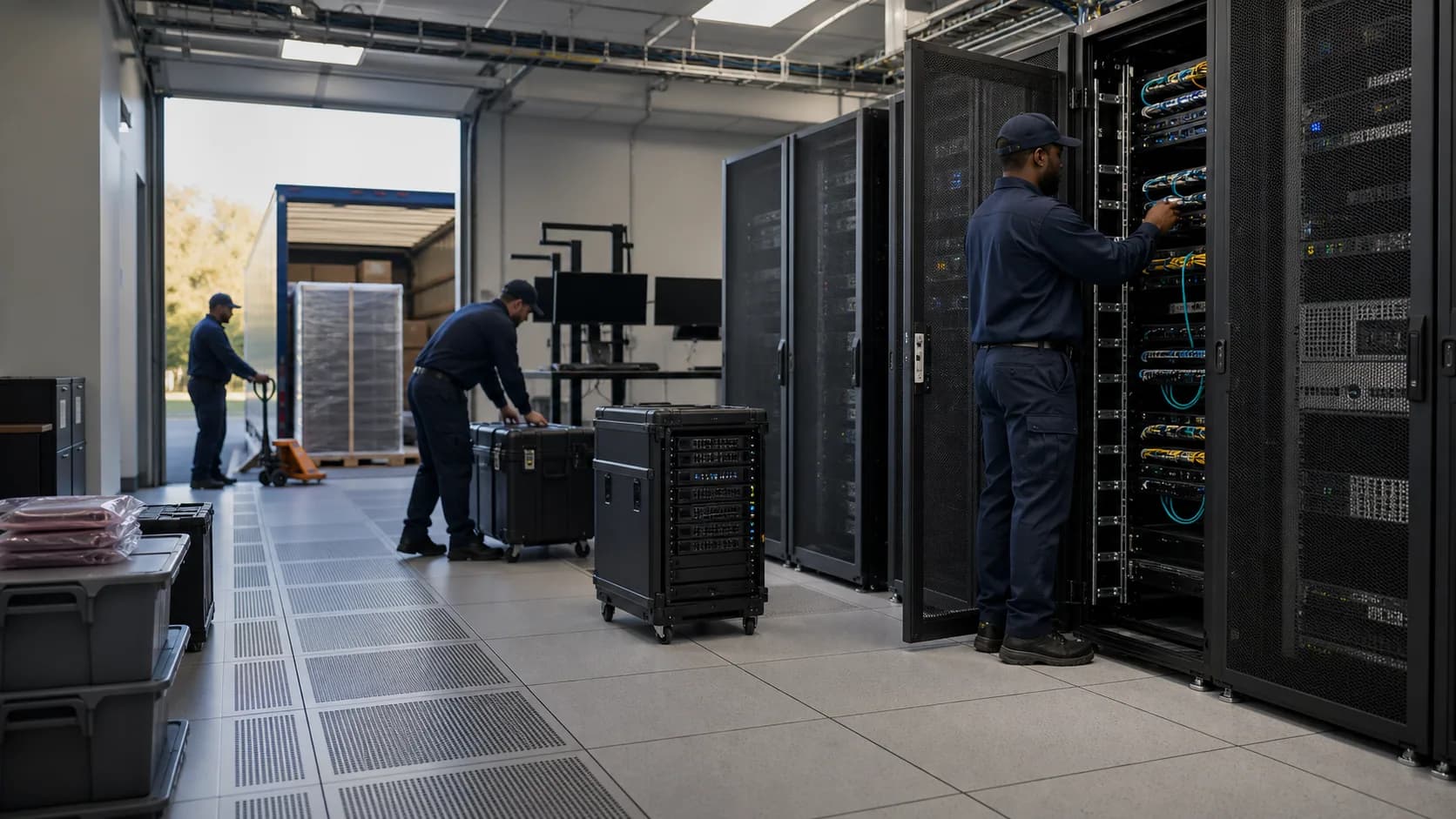 IT equipment movers preparing protected server racks and network hardware for transport