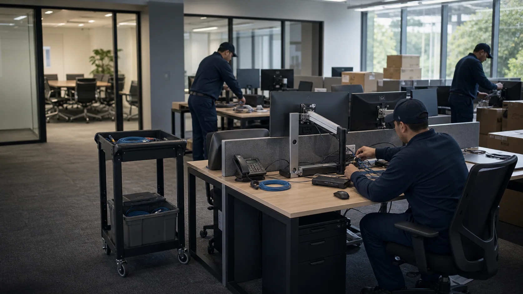 IT technicians reconnecting organized workstations and office technology after a move