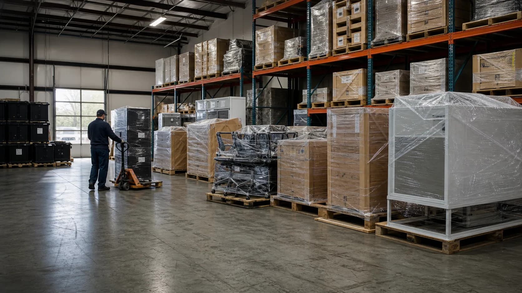 Organized warehouse storage with wrapped office equipment and staged pallets