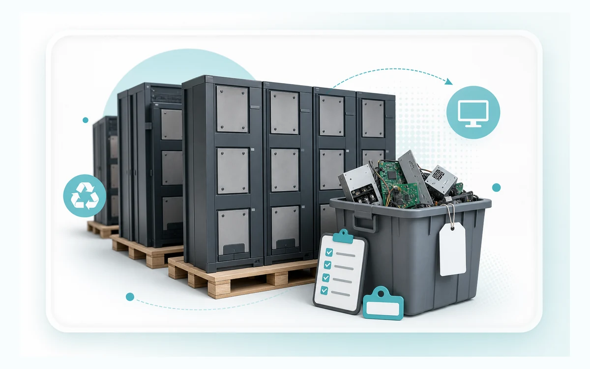 Soft illustration of retired equipment on pallets beside an e-waste bin and disposition checklist