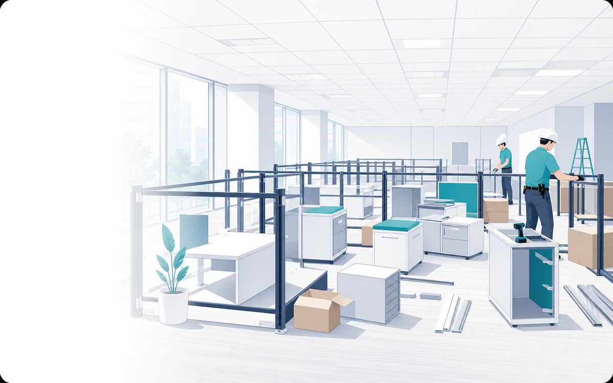 Illustration of an office relocation crew preparing workstations and furniture placement